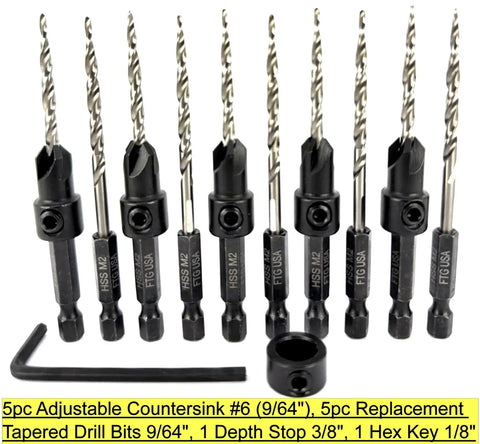 Woodworking Five Piece Depth Adjustable Countersink Drill Bit Set With Replacement Tapered Bits In A Tough Storage Case Size Six Nine Sixty Fourth Inch For Precise Finishes And Quick Setup In Cabinets Furniture And DIY Projects From FTG USA