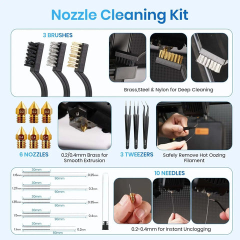 Nozzle cleaning kit with brushes, nozzles, tweezers, and needles from Pro Grade 142-Piece 3D Printer Tool Kit With 4-Layer Case.
