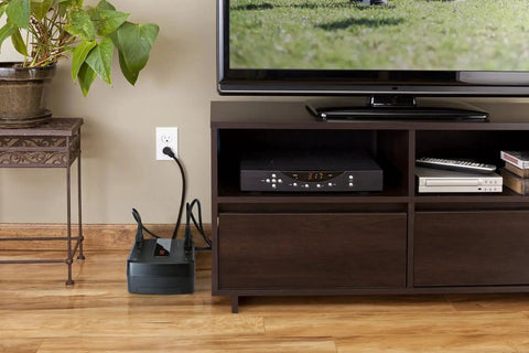 650VA UPS Battery Backup And Surge Protector For Computers And Home Office Gear, 8 outlets under TV console, Ethernet cables connected