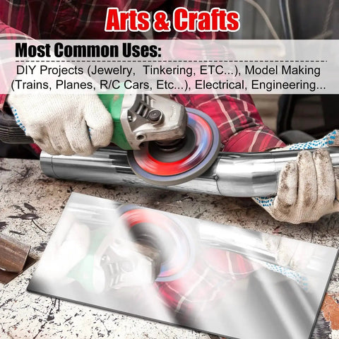 Grinding a metal tube with DIY project uses in the background, highlighting Four Pack 12 By 6 By 0.018 Inch 304 Stainless Steel Sheets Not Magnetic For Crafting And DIY Projects Flat Metal Plates For Kitchen Use Jewelry Making And Creative Home Crafts For Projects And Gifts.
