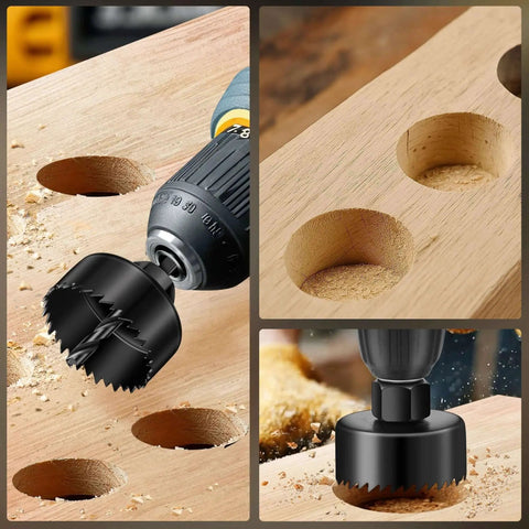 Six Piece Hole Saw Kit With Four Sizes From 1 1/4 Inch To 2 1/8 Inch Includes Mandrels And Hex Key Built From Hardened Carbon Steel in use