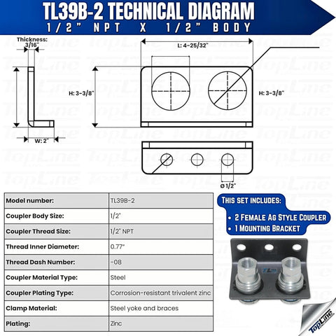 TL39B-2 hydraulic quick-connect coupler, 1/2 in NPT body, mounting bracket; steel, zinc-plated, two female AG fittings