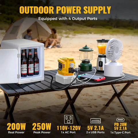 DeWALT 20V Battery Compatible 200W Power Inverter powers fan, lantern, blender, and mini fridge on outdoor camping table.