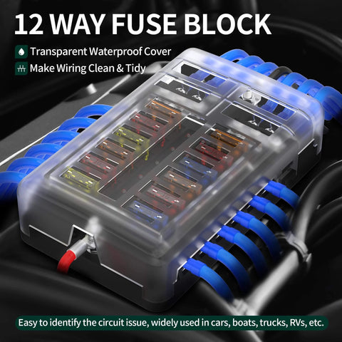 12 Way Fuse Block With LED Indicator, 12V Blade Fuse Box, 12-Circuit Marine Fuse Panel With Waterproof Cover, ATO ATC Type
