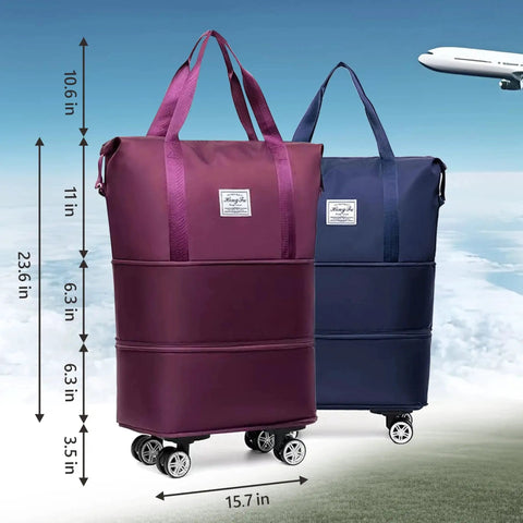 Expandable Foldable Duffel Bag With Detachable Rolling Wheels Converts From Wheeled Luggage To Carry On Tote, purple and blue, shown mid-flight.