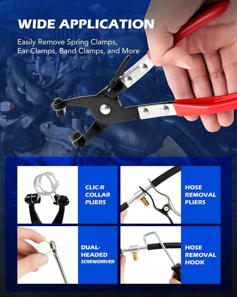 Long Reach Hose Clamp Pliers Set For Automotive Radiator Hoses And Band Clamps with red handles shown in use on car engine