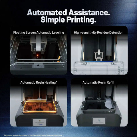 Beast Mode Resin 3D Printer with Amber Screen, showcasing automatic leveling, residue detection, resin heating, and refill features.