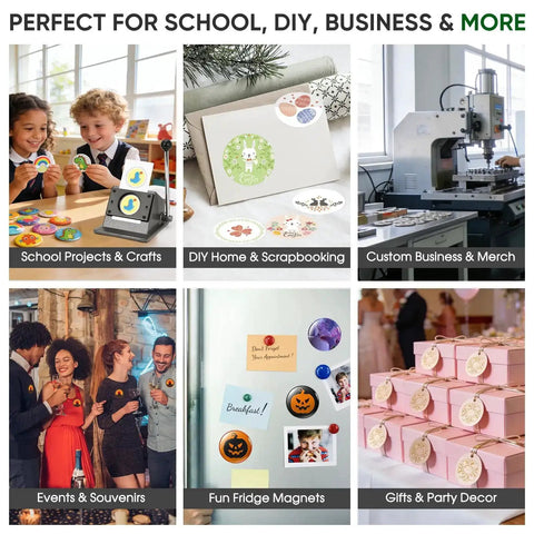 Collage of school projects, DIY scrapbooking, custom merch, events, magnets, and gifts using Heavy Duty Button Cutter For 25mm Badges And 35mm Rounds