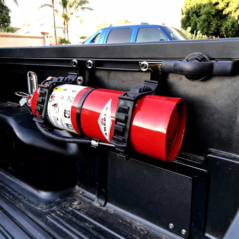 Rubber Clamp Mount For 2.5 To 7.5 Inch Diameter Tools Holds 49 Lbs securing a fire extinguisher on vehicle