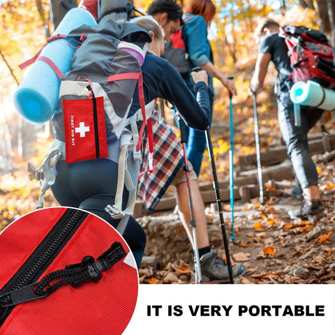 Portable Empty First Aid Kit Pouch With Zippered Opening attached to hiker's backpack, ideal for outdoor emergency use, waterproof polyester bag.