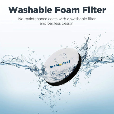 White circular washable foam filter with Inside-first logo, surrounded by water splashes