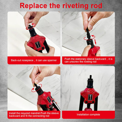 Close-up of Rivet Nut Tool Kit With 14 Inch Reach, 180 Piece Assortment showing toolless quick change head in red action steps.