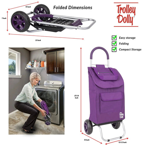 Purple Foldable Shopping Cart With Wheels And Removable Bag for groceries and beach trips next to a woman folding it in a laundry room.