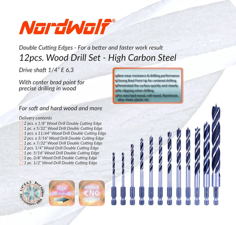 12 Piece Brad Point Wood Drill Bit Set For Woodworking And Carpentry, Double Flute Design With 1/4 Inch Hex Shank, SAE Sizes 1/8 To 1/2