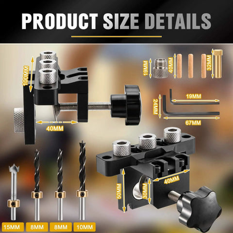3-In-1 Dowel Jig Kit For Precise Doweling And Self Centering Alignment, with drill guides and accessories displayed