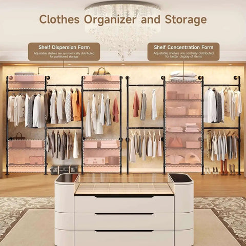 Industrial Pipe Wall Mounted Garment Rack With Walk In Closet System, Four Expandable Rods And Six Adjustable Shelves