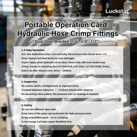 Luckstar portable operation card for hydraulic hose crimp fittings, dual steel braided, 1/4", 3/8", 1/2".