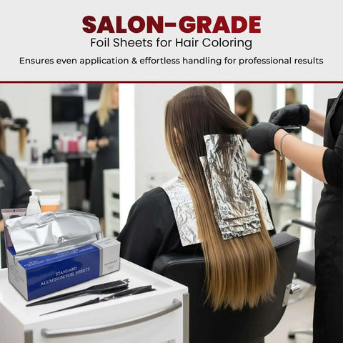 Hair stylist applying heavy duty pre-cut aluminum foil sheets 12 x 10.75 inches with pop up dispenser in salon for coloring hair