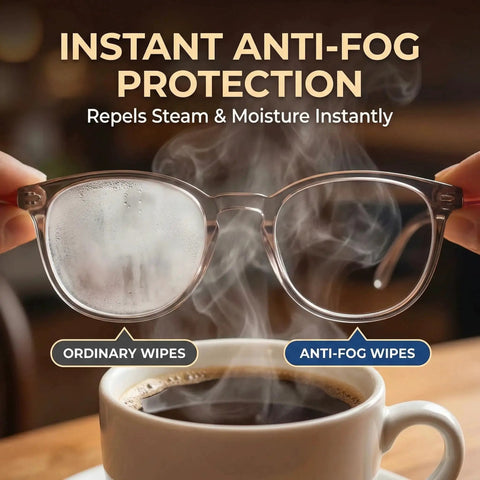 Anti Fog Lens Wipes For Glasses And Goggles Defogger Towelettes 160 Count showing steam repellent effect on glasses