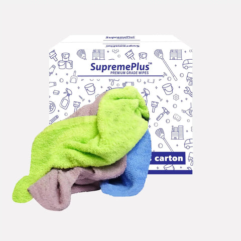 Heavy Duty Colorful Cotton Terry Cloth Rags Bulk Pack Pro Grade Ultra Absorbent Shop And Garage Cleaning Rags in front of a box