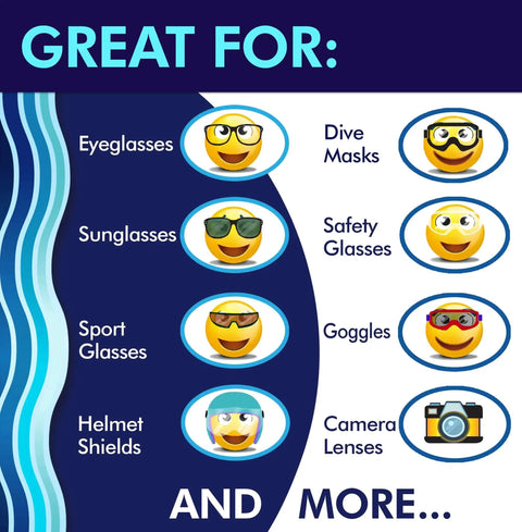 Emojis showing versatility of Lens Cleaner Kit With 4 Bottles And 4 Microfiber Cloths For Glasses And Screens for various eyewear types