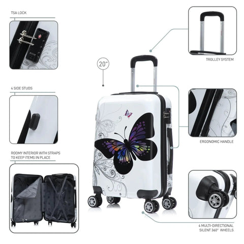 Butterfly Print Spinner Luggage With Lightweight Hardside ABS PC Exterior, Trolley Handle, 20 Inch Carry On, Scratch Resistant Finish, Wheels