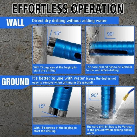 Diamond Core Drill Bit Set For Concrete Masonry, 2 1/2 Inch Diameter, 10 Inch Drilling Depth, 5/8-11 Thread in use on wall and ground
