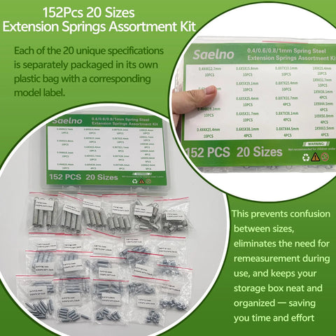 Extension springs assortment kit by Saelno, zinc-plated steel, 152 pcs in 20 sizes