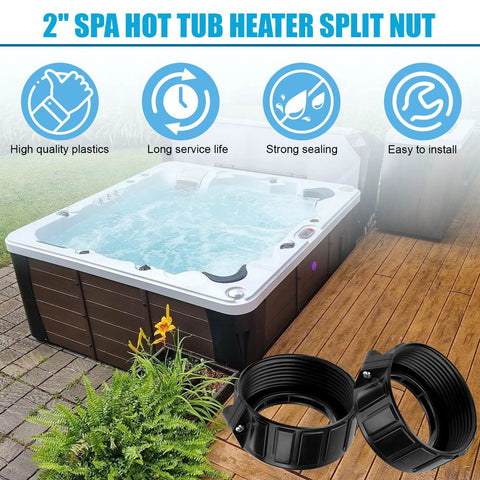 2-pack black plastic 2-inch spa heater split-nut unions with screws for hot tub assemblies.
