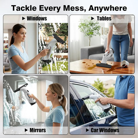 Cordless window vacuum squeegee in black used on windows, mirrors, glass table, and car windows; four-panel collage