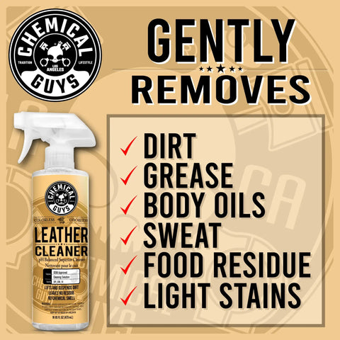 Leather Cleaner For Cars And Home Use With Colorless Odorless Formula PH Balanced Safe On Natural Synthetic Pleather And Faux Leather 473 Ml By Chemical Guys Today showing dirt and stains it removes.