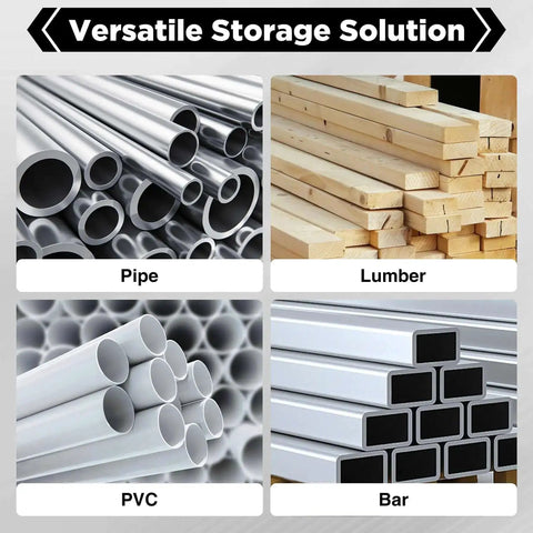 Image showcasing storage system for pipe, lumber, PVC, and bar materials in a workshop or garage setting.