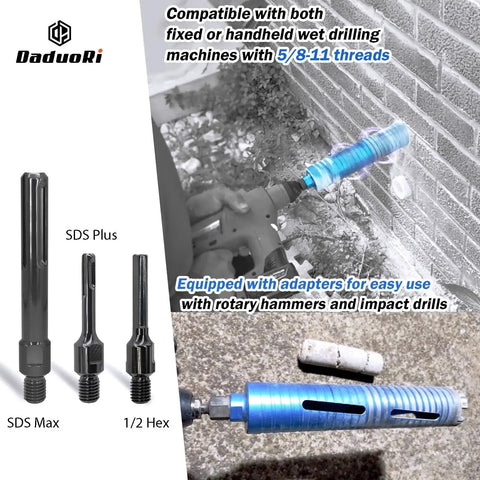 Dry Core Drill Bit Kit For Brick And Masonry 2 Inch OD With 9.5 Inch Depth Includes SDS Plus SDS Max And 1/2 Inch Hex Shank Adapters 5/8-11 Thread DaduoRi drilling into brick wall.