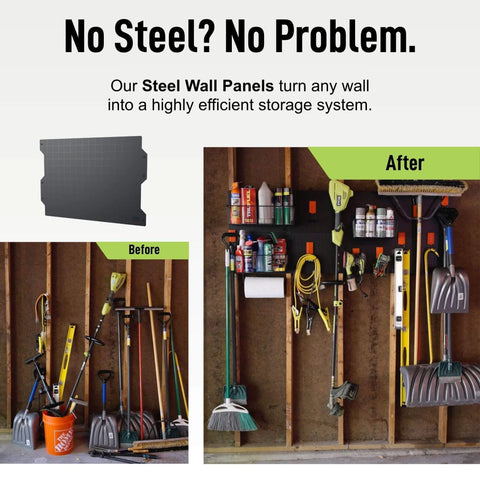 Before and after installation of Steel Wall Panels for garage tool storage and organization.