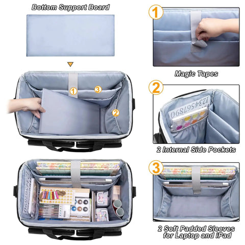 Interior view of rolling scrapbook tote on wheels with detachable trolley, featuring padded compartments, side pockets, and detachable board, gray.