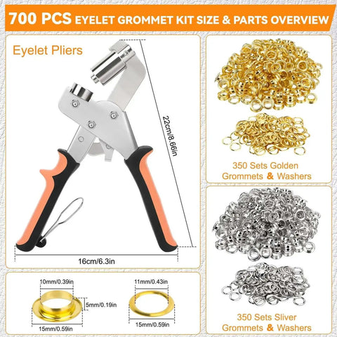 All In One 700 Set Grommet Kit With Magnetic Pliers Includes 350 Gold And 350 Silver Eyelets And Washers overview image