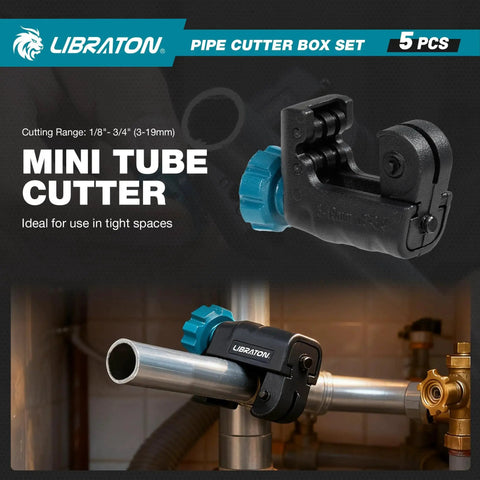 Close-up of Heavy Duty Pipe Cutter Set Pro Grade 5 Piece Tubing Tool Kit Including Copper Tube Cutter on metal pipe.