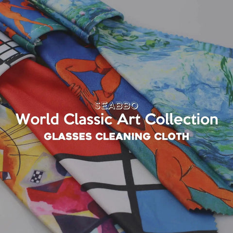 Vibrant double sided microfiber glasses cleaning cloths featuring classic art designs in blue, red, and yellow colors.