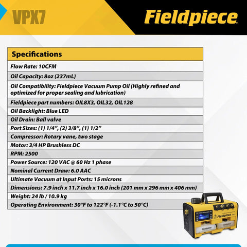 Fieldpiece VPX7 vacuum pump, 10 CFM, 3/4 HP DC motor, portable yellow/black HVAC tool with RunQuick oil change system