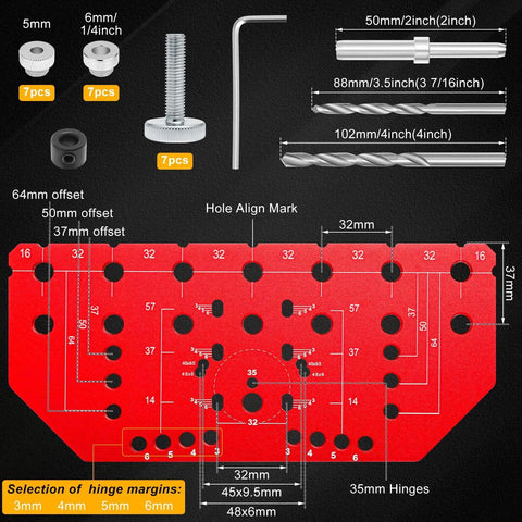 2 In 1 Shelf Pin And Hinge Jig With Self Contained Clamping For Concealed Cabinet Hardware, red template with measurements