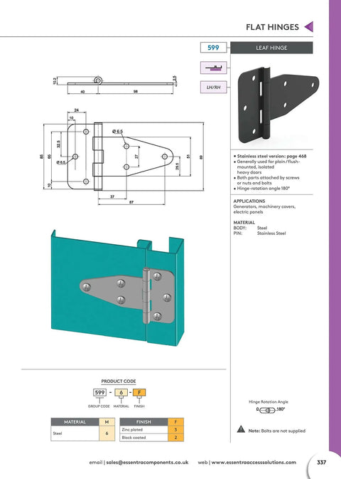 Rugged Black Flat Leaf Hinge For Heavy Doors And Truck Cabinets, 180 Degree Swing, Beefy Heavy Duty Steel, Model 599.6.2