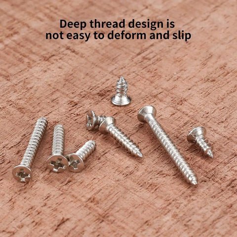 M2 Flat Head Self Tapping Screws Set, cross drive, nickel plated carbon steel, shown on wooden surface, 8 assorted sizes