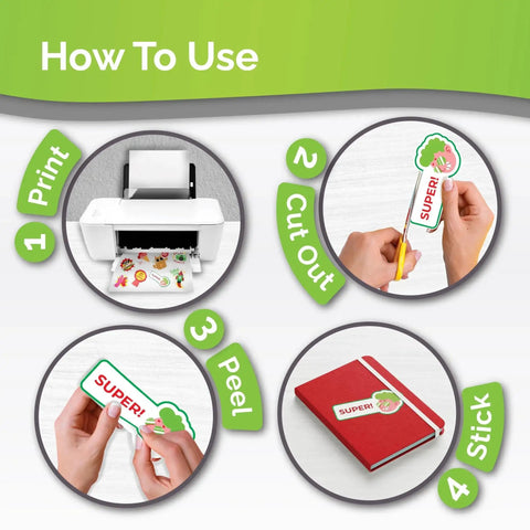 Four steps image showing how to use Premium Printable Vinyl Sticker Paper For Inkjet And Laser Printers with 56 Self Adhesive Matte White Sheets Waterproof Quick Dry Vivid Colors That Hold Ink Well Tear Resistant For Indoor Outdoor Use AgoDeo: Print, Cut Out, Peel, Stick.