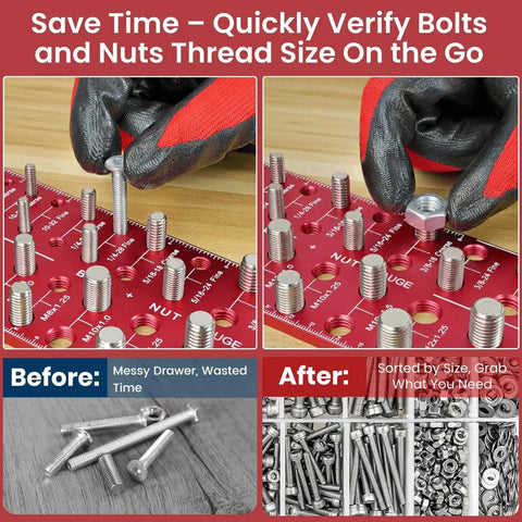 Hardcore Wall Mount Thread Checker For Nuts And Bolts shown in use with various bolt sizes for measurement.