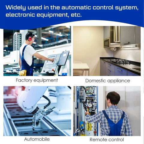 Factory equipment, kitchen appliance, robotic arm, and technician shown using Four Pack DC 12V General Purpose Relays, 8 Pin DPDT.