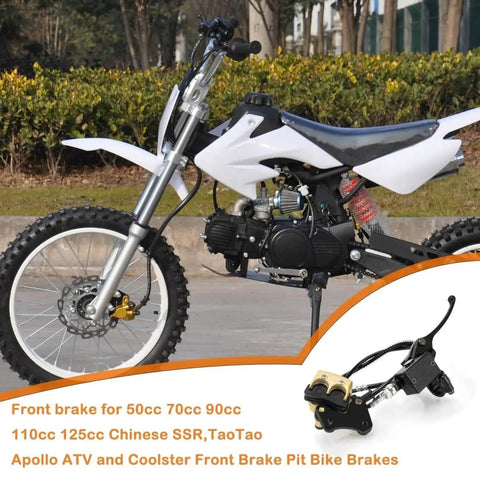 Front Hydraulic Disc Brake Master Cylinder Caliper Assembly With Pads For 50cc 70cc 90cc 110cc And 125cc Dirt Bikes Pit Bikes Compatible With SSR Taotao Apollo Coolster Roketa Jetmoto Baja Front Brake System displayed next to a dirt bike