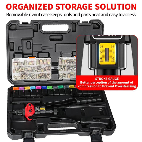Rivet Nut Tool Kit 16 Inch With 15 Metric And SAE Mandrels, Rivnut Gun With carry case and 200 Pc Rivnut Assortment Kit