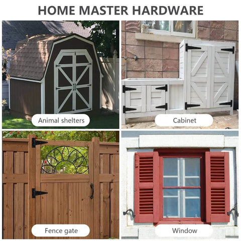 Wood Gate Hardware Set Heavy Duty 6 Inch Tee Hinge And Pull Kit shown on various outdoor enclosures like fences and cabinets.
