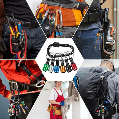 Durable Aluminum Bit Holders For One Quarter Inch Sockets Hex Shank Screwdriver Bit Holder For Impact Driver And Drill Quick Release Easy Change Keychain Extension Bar highlighted in various toolkits and belt setups.