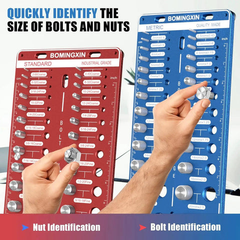 Hands using Nut and Bolt Thread Checker With Magnetic Base and Anti Slip Feet All In One Bolt Size and Thread Gauge Set Featuring 26 Standard Gauges and 26 Metric Gauges and 18 Drill Bit Gauges Bolt and Nut Identifier Tool for Quick DIY Sizing and Organization
